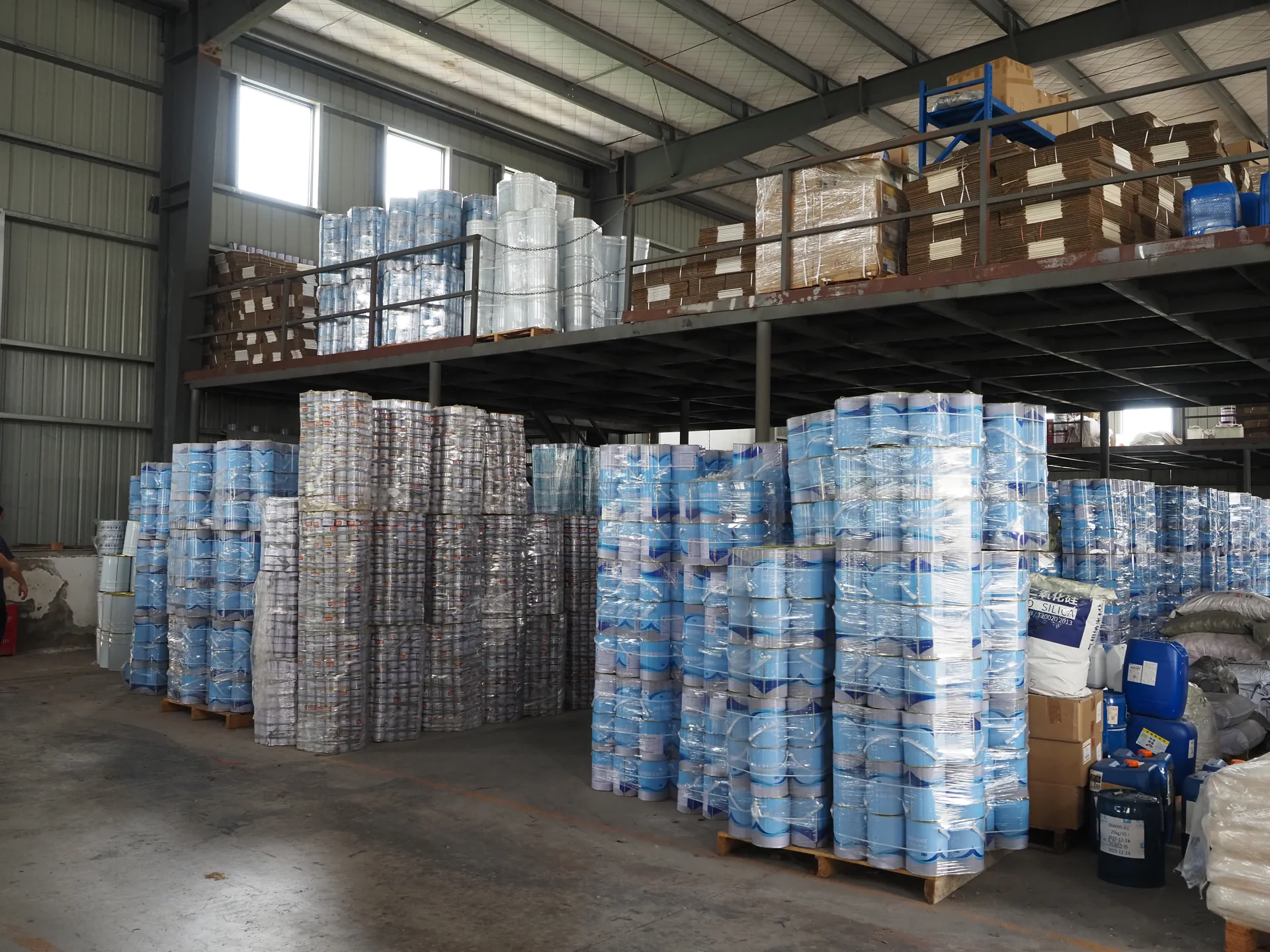 Pallets of coating containers in the DSAN storage area