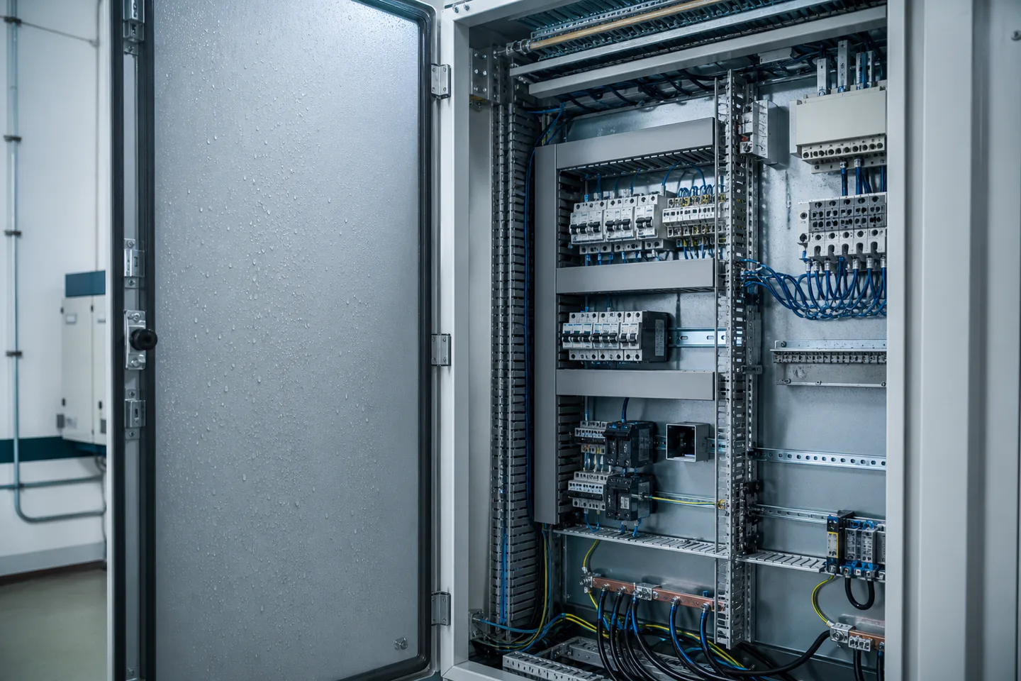 Illustrative electrical cabinet showing condensation on enclosure surfaces