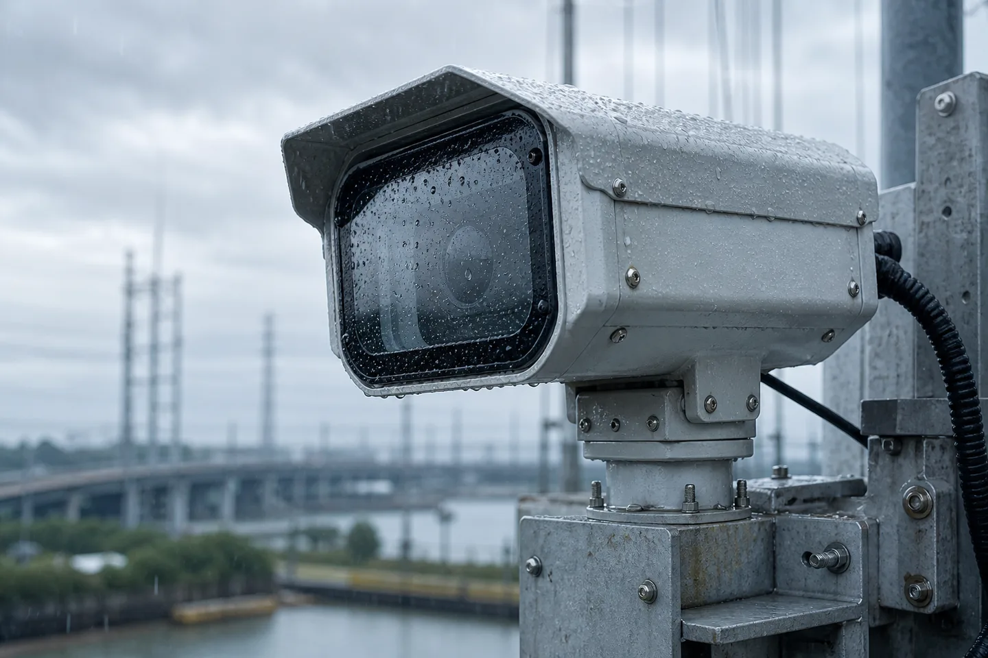 Illustrative outdoor monitoring camera with rainwater on its protective optical window