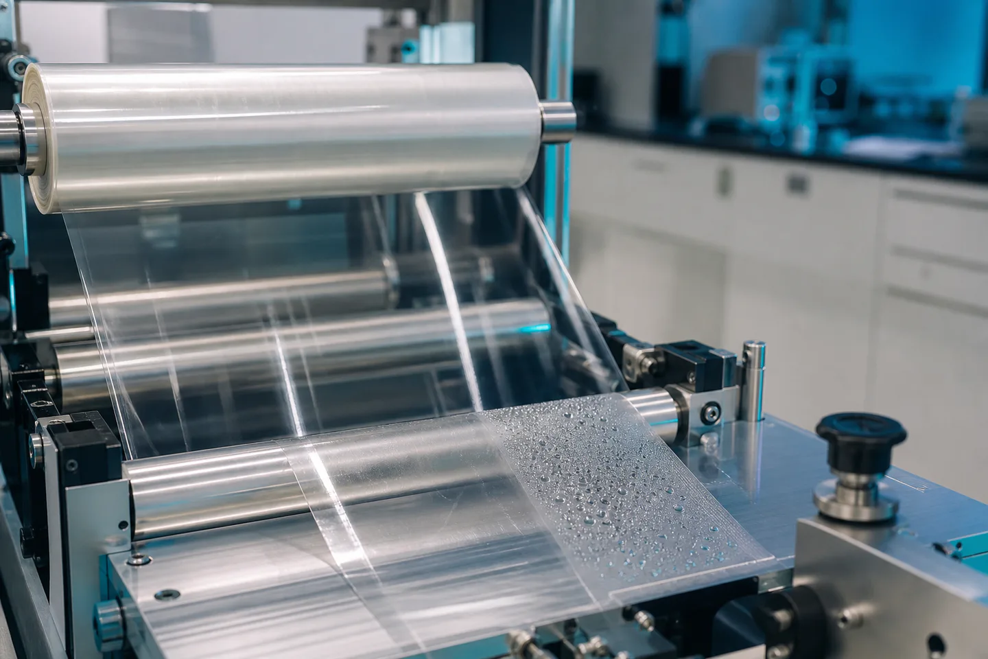 Illustrative polymer-film coating process with water-repellent surface behaviour