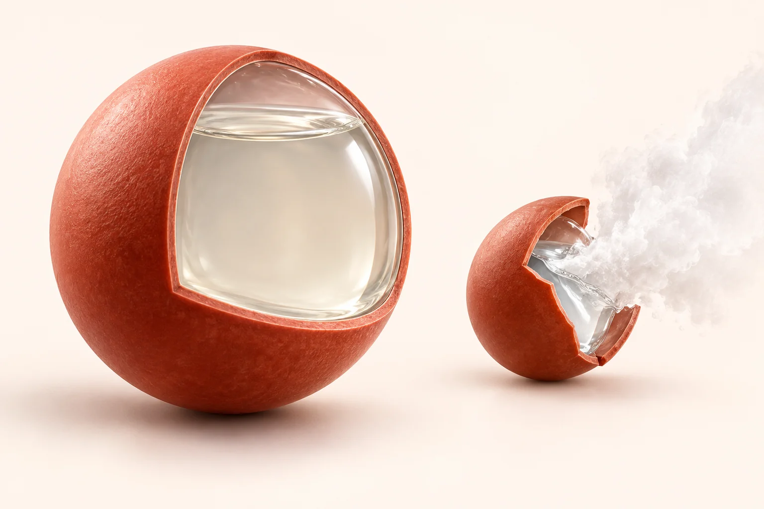 Conceptual cutaway of a fire-suppression microcapsule showing its shell, enclosed agent and heat-triggered release; not a micrograph or to scale