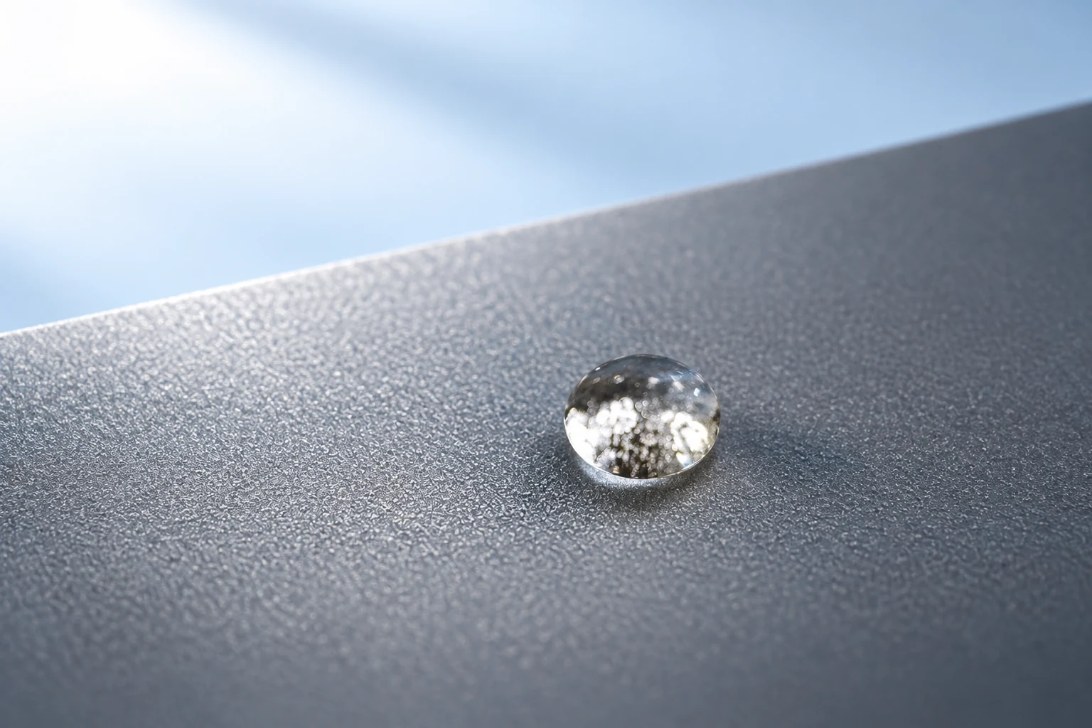 Product visual: Water droplet on a textured DSAN superhydrophobic coating sample